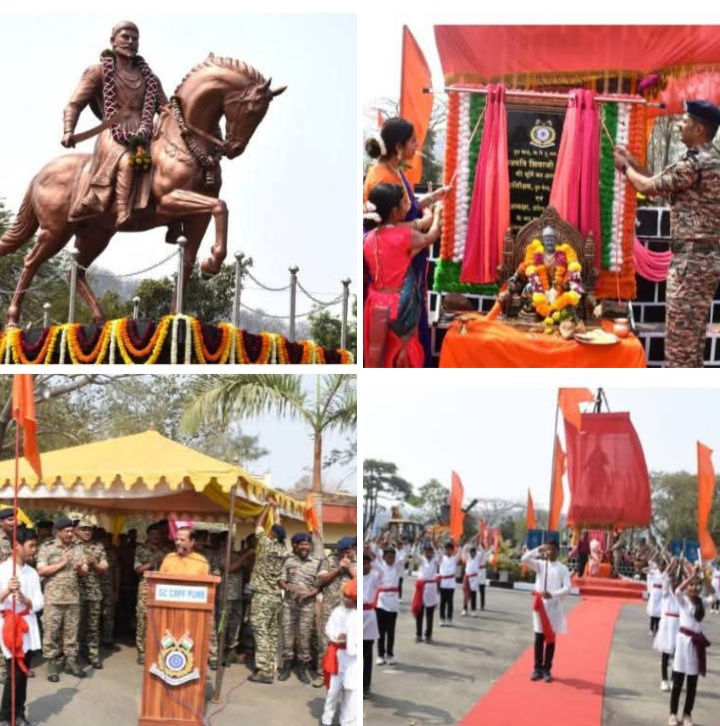 तळेगाव दाभाडे येथील सीआरपीएफ ग्रुप सेंटरमध्ये छत्रपती शिवाजी महाराजांच्या भव्य पुतळ्याचे अनावरण.जय शिवाजी, जय भवानी च्या घोषणांनी परिसर दुमदुमला