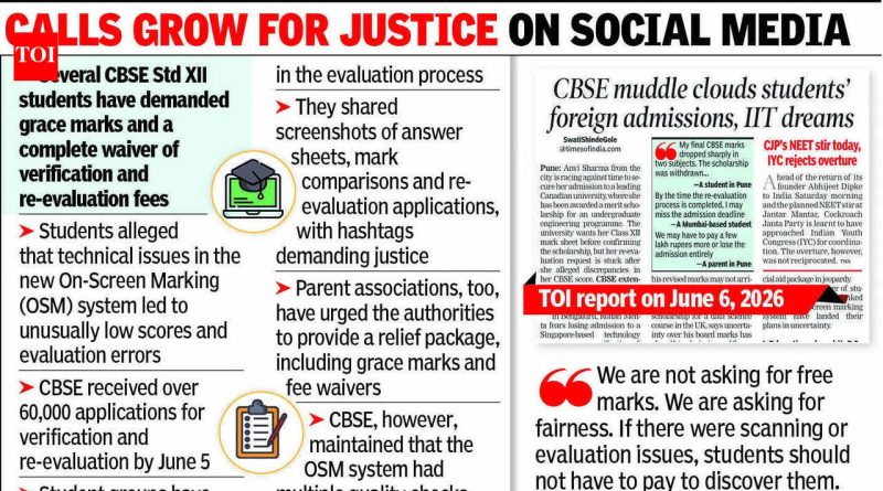 CBSE विद्यार्थ्यांनी मूल्यमापनातील त्रुटींवर ग्रेस मार्क्स, फी माफीची मागणी केली आहे CBSE विद्यार्थ्यांनी मूल्यमापनातील त्रुटींवर ग्रेस मार्क्स, फी माफीची मागणी केली आहे