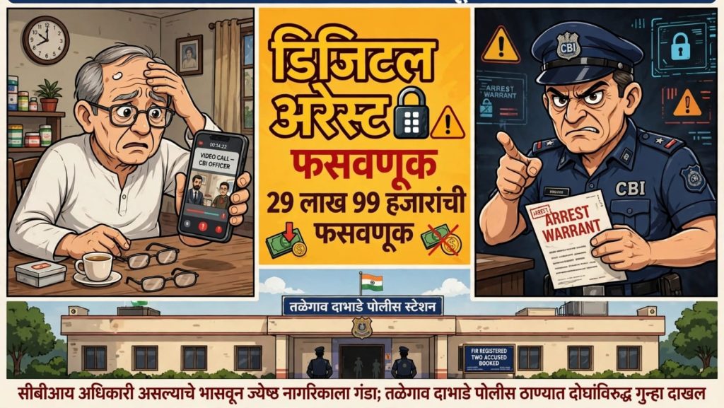 तळेगाव दाभाडे शहरात डिजिटल अरेस्ट चा धाक दाखवून २९ लाख ९९ हजारांची फसवणूक:सीबीआय अधिकारी असल्याचे भासवून ज्येष्ठ नागरिकाला गंडा; तळेगाव दाभाडे पोलीस ठाण्यात दोघांविरुद्ध गुन्हा दाखल