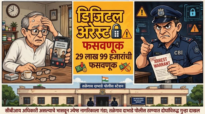 तळेगाव दाभाडे शहरात डिजिटल अरेस्ट चा धाक दाखवून २९ लाख ९९ हजारांची फसवणूक:सीबीआय अधिकारी असल्याचे भासवून ज्येष्ठ नागरिकाला गंडा; तळेगाव दाभाडे पोलीस ठाण्यात दोघांविरुद्ध गुन्हा दाखल तळेगाव दाभाडे शहरात डिजिटल अरेस्ट चा धाक दाखवून २९ लाख ९९ हजारांची फसवणूक:सीबीआय अधिकारी असल्याचे भासवून ज्येष्ठ नागरिकाला गंडा; तळेगाव दाभाडे पोलीस ठाण्यात दोघांविरुद्ध गुन्हा दाखल